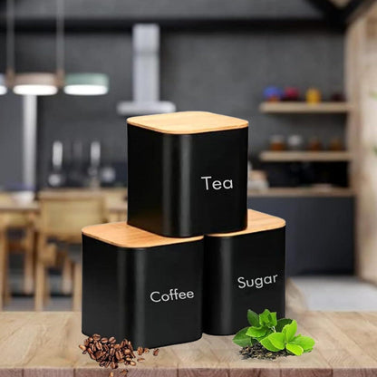 3-teiliges Küchendosen-Set Edelstahl Bambusdeckel, Schwarz