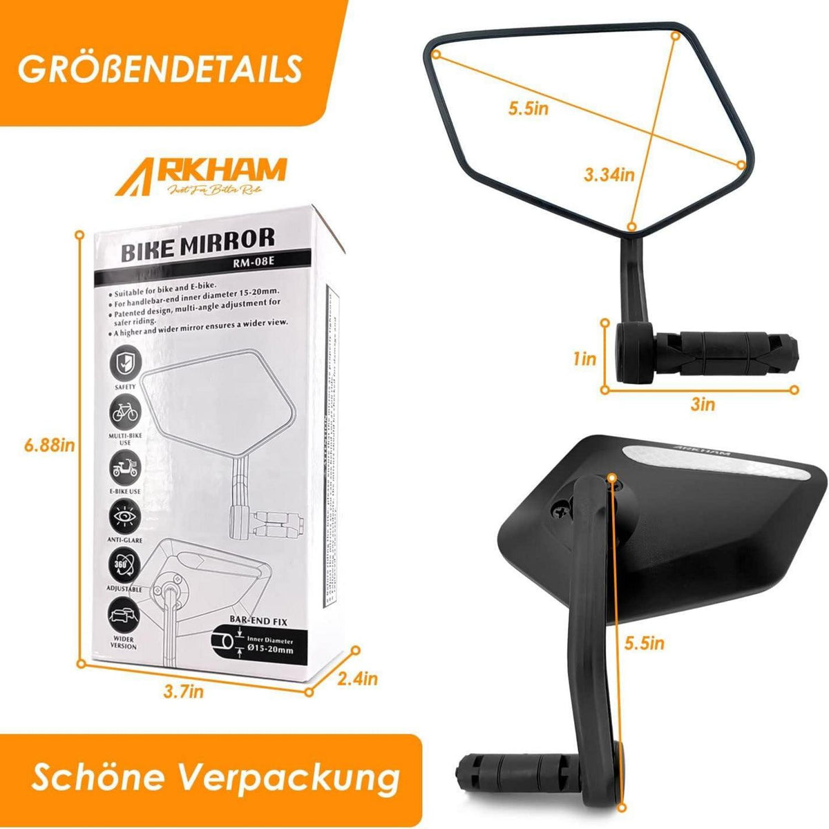 Fahrradspiegel Arkham HD Echtglas Extra Große Spiegelfläche Rechts Lenker