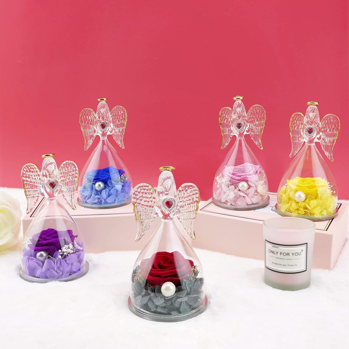 Sunia Engel Ewige Rose LED Glaskuppel Halskette Violett