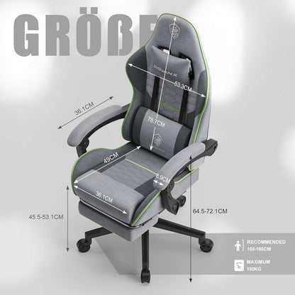 Gaming Stuhl mit Massage und Fußstütze, Grau Grün