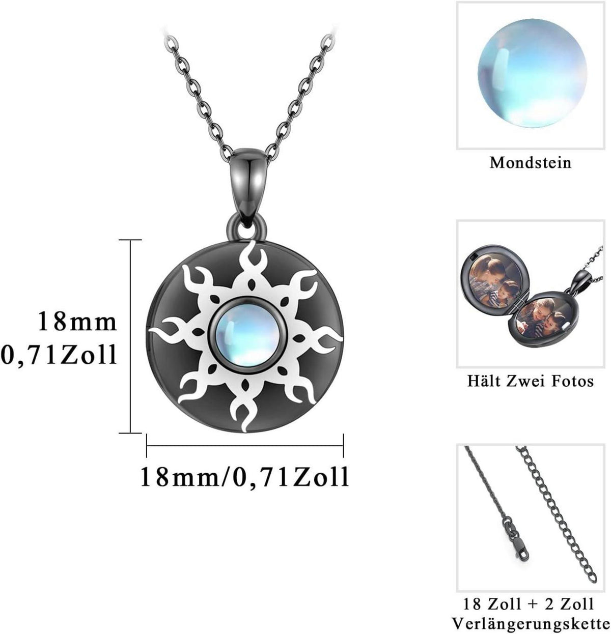 TRISHULA 925 Sterling Silber Sonne Mondstein Halskette