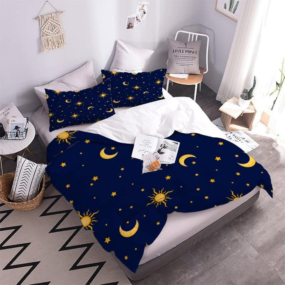 3D Sonnen Mond Sterne Bettwäsche-Set 200x200 cm Blau-Gold