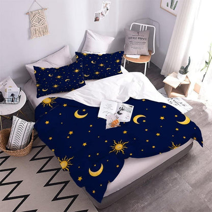 3D Sonnen Mond Sterne Bettwäsche-Set 200x200 cm Blau-Gold