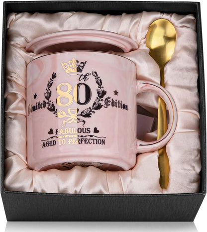 80. Geburtstag Kaffeetasse Goldmuster Rosa Geschenkbox