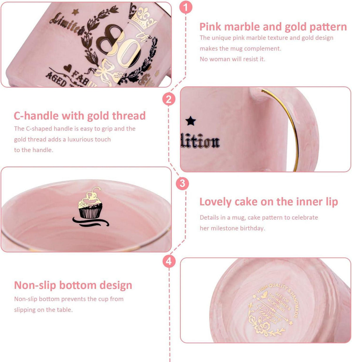 80. Geburtstag Kaffeetasse Goldmuster Rosa Geschenkbox