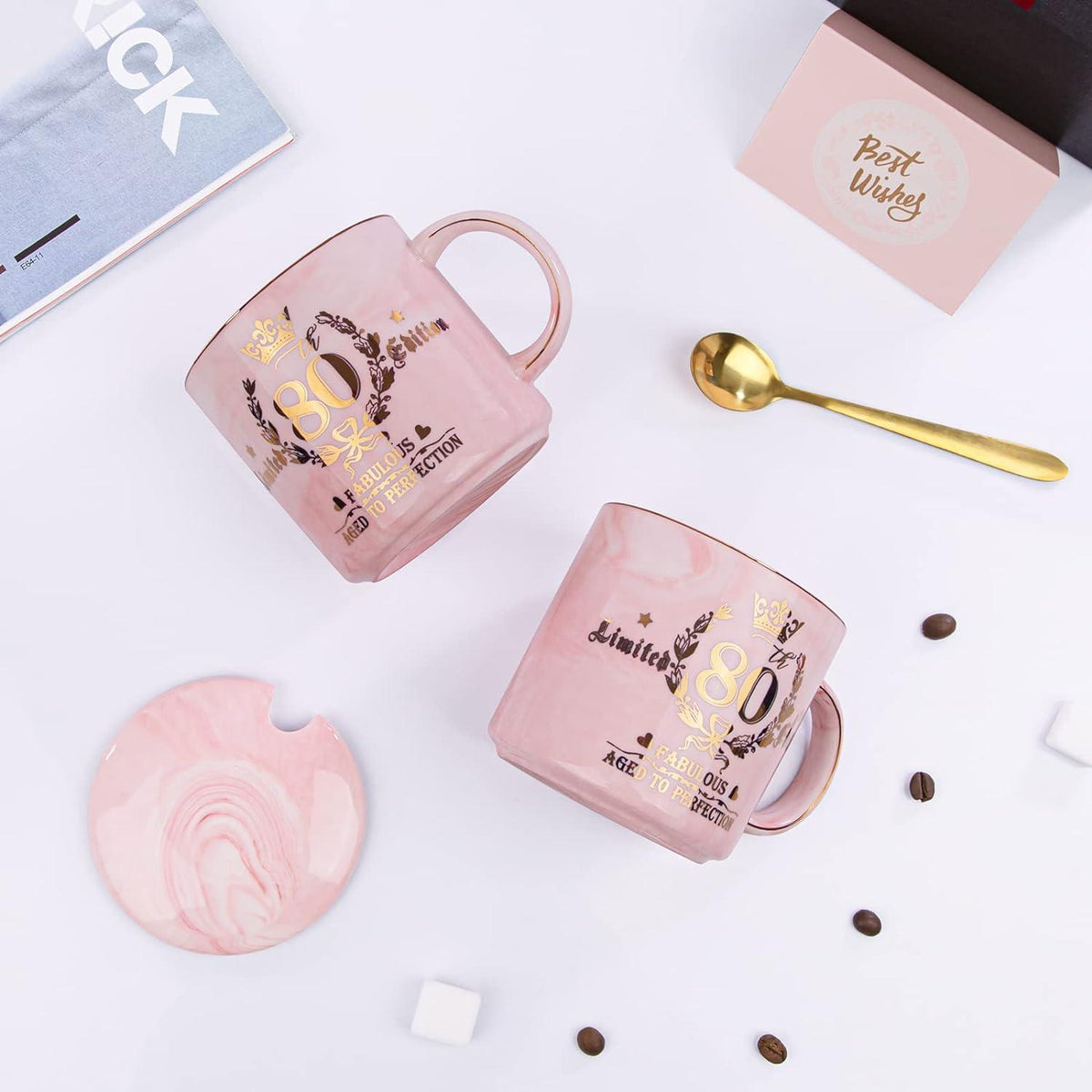 80. Geburtstag Kaffeetasse Goldmuster Geschenkbox Rosa