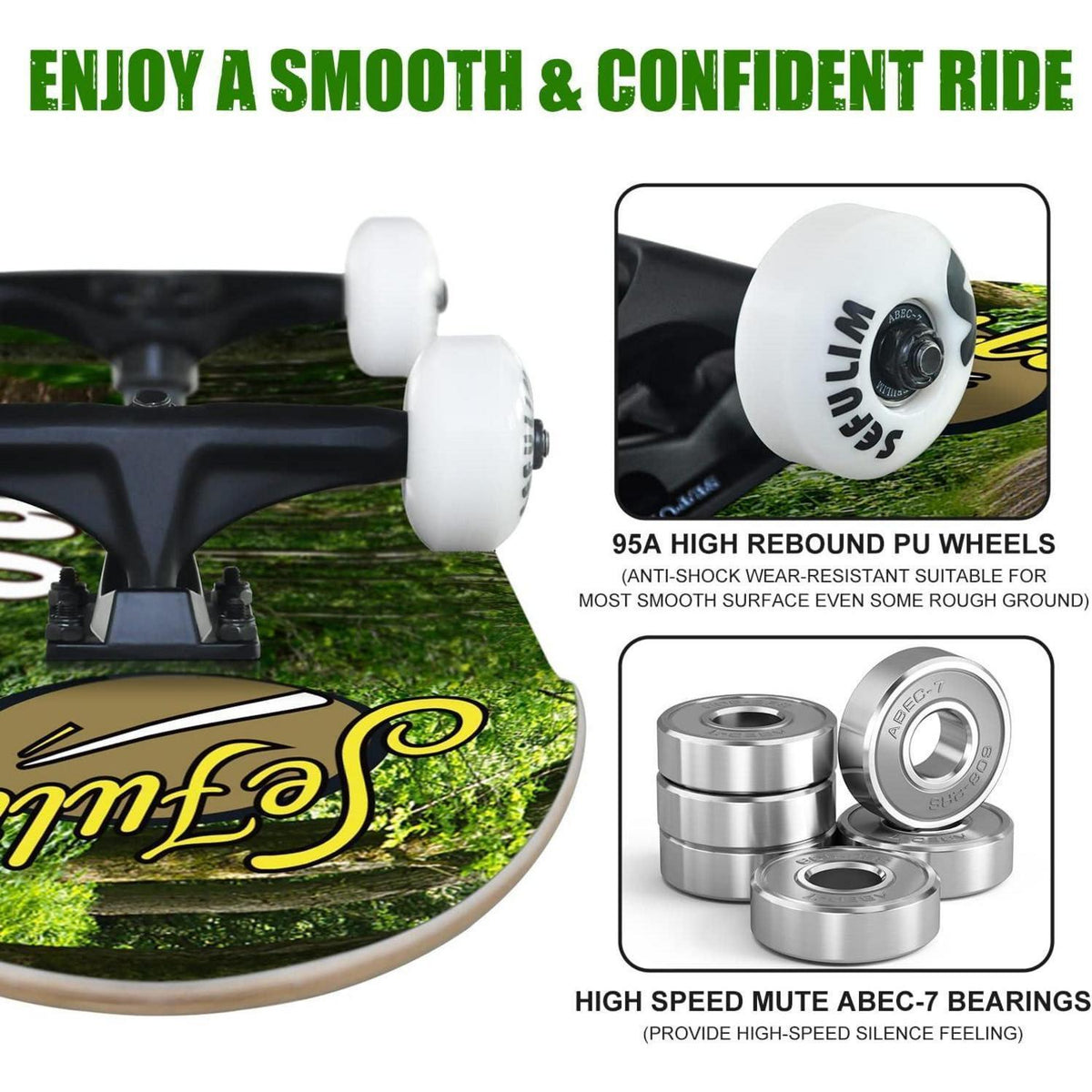 Skateboard 78,9 cm Doppel-Kick Deck Anfänger Grün