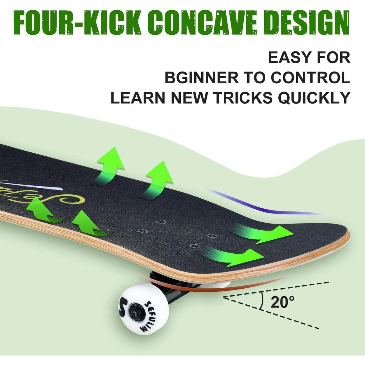 Skateboard 78,9 cm Doppel-Kick Deck Anfänger Grün