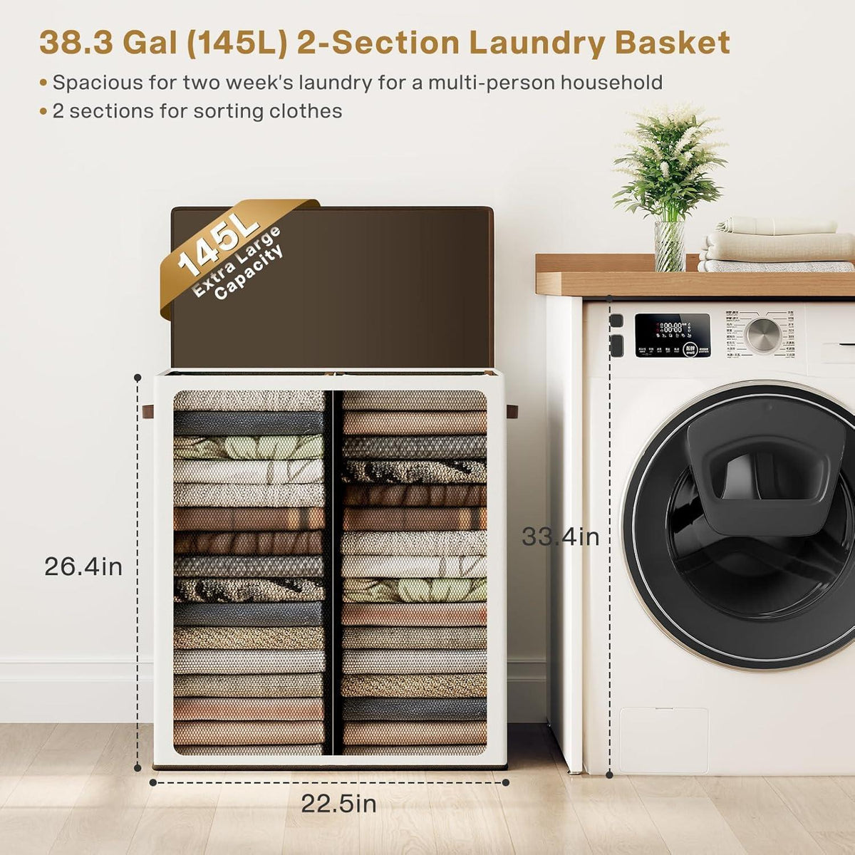 Großer Wäschekorb mit 2 Fächern und Deckel, 145L Beige