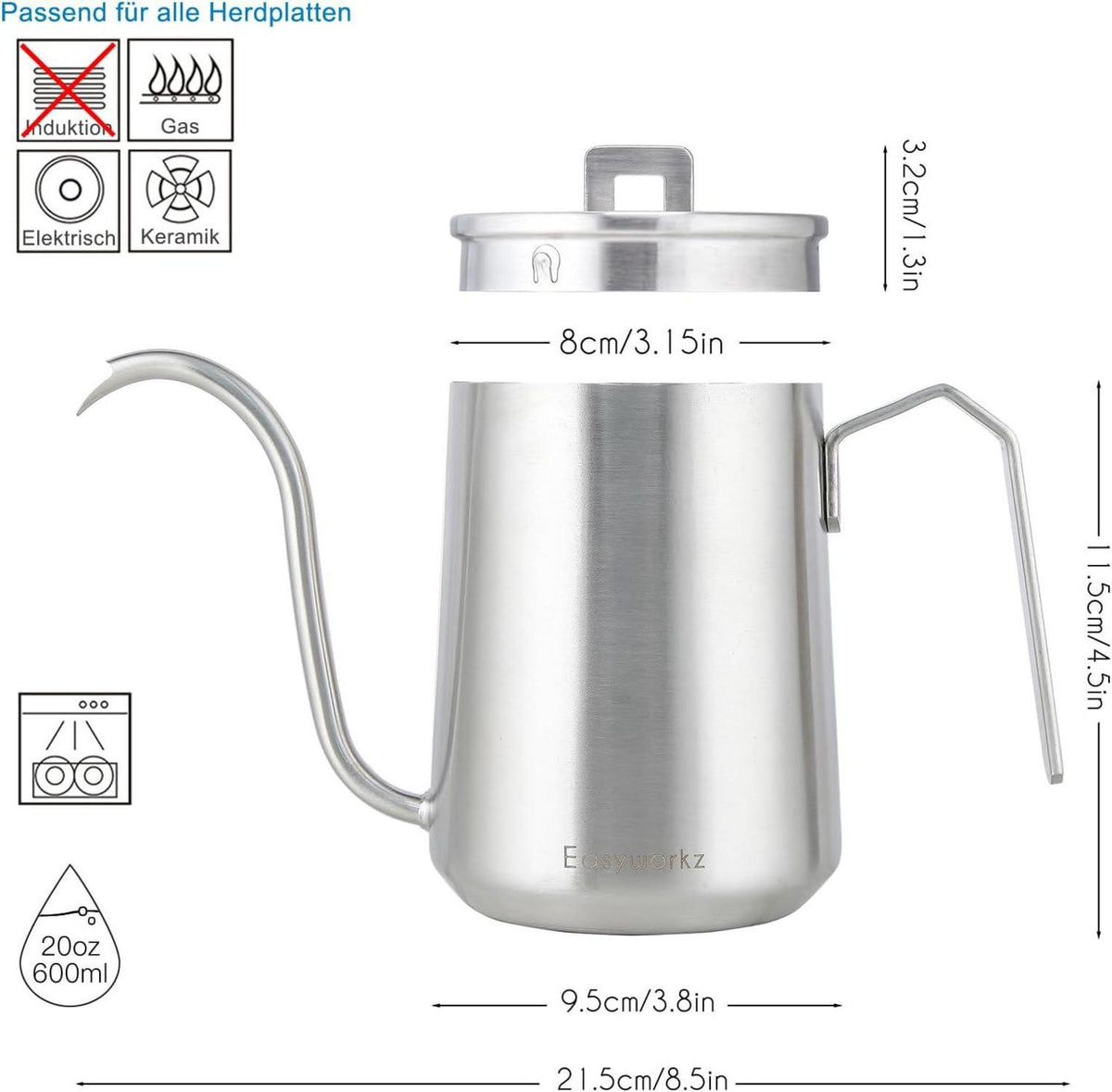 Kaffeekanne Edelstahl 600ml Schwanenhals Handtropfen Silber