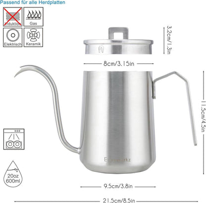 Kaffeekanne Edelstahl 600ml Schwanenhals Handtropfen Silber