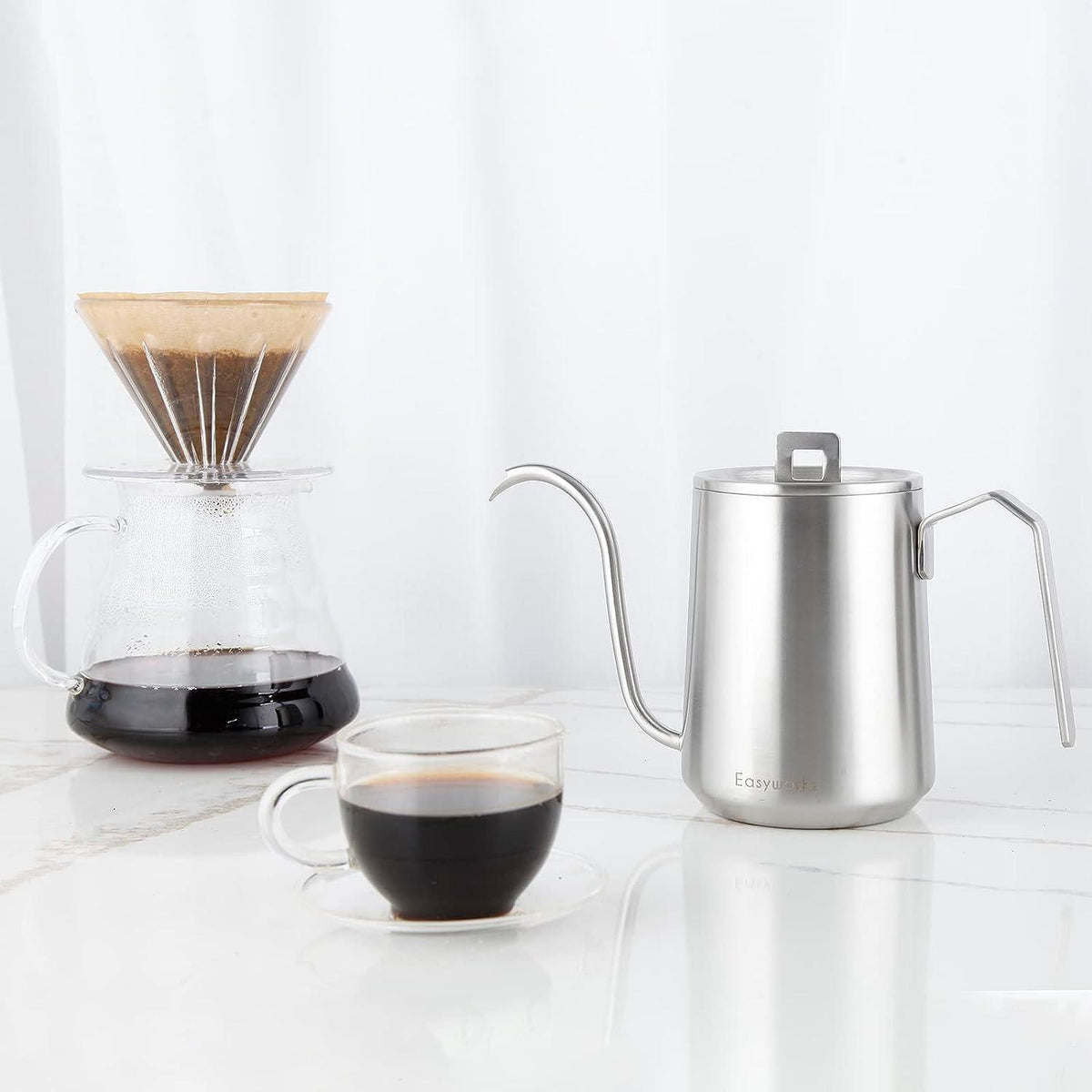 Swan Neck Kaffeekanne 600ml Edelstahl Handtropfen Gebürstetes Silber