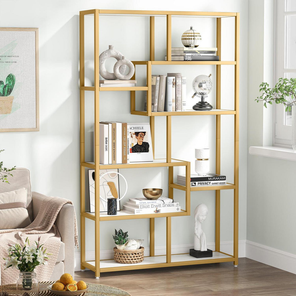 Bücherregal 180cm mit 8 Ablagen, Weiß & Gold, Modernes Design