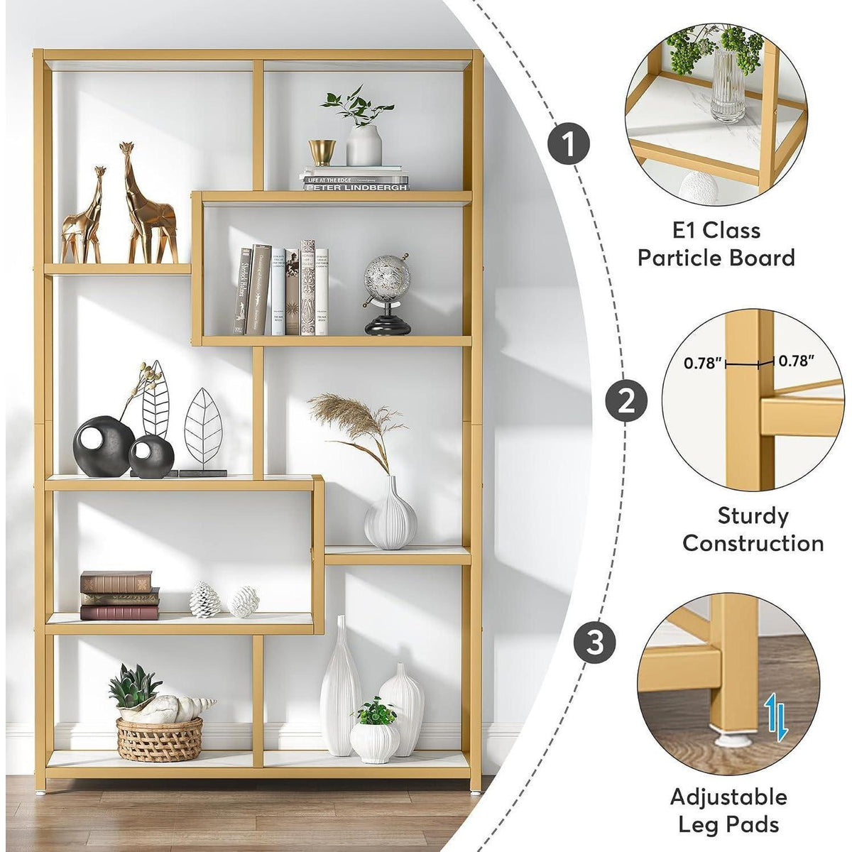 Bücherregal 180cm mit 8 Ablagen, Weiß & Gold, Modernes Design