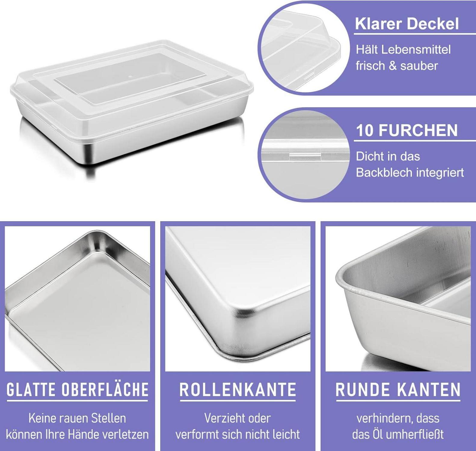 Tiefes Edelstahl Backblech mit Deckel für Brownie Lasagne 31x24x5 cm