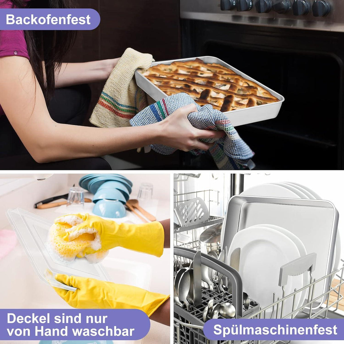 Tiefes Backblech mit Deckel 31x24x5 cm Edelstahl Rechteckig Ofenblech