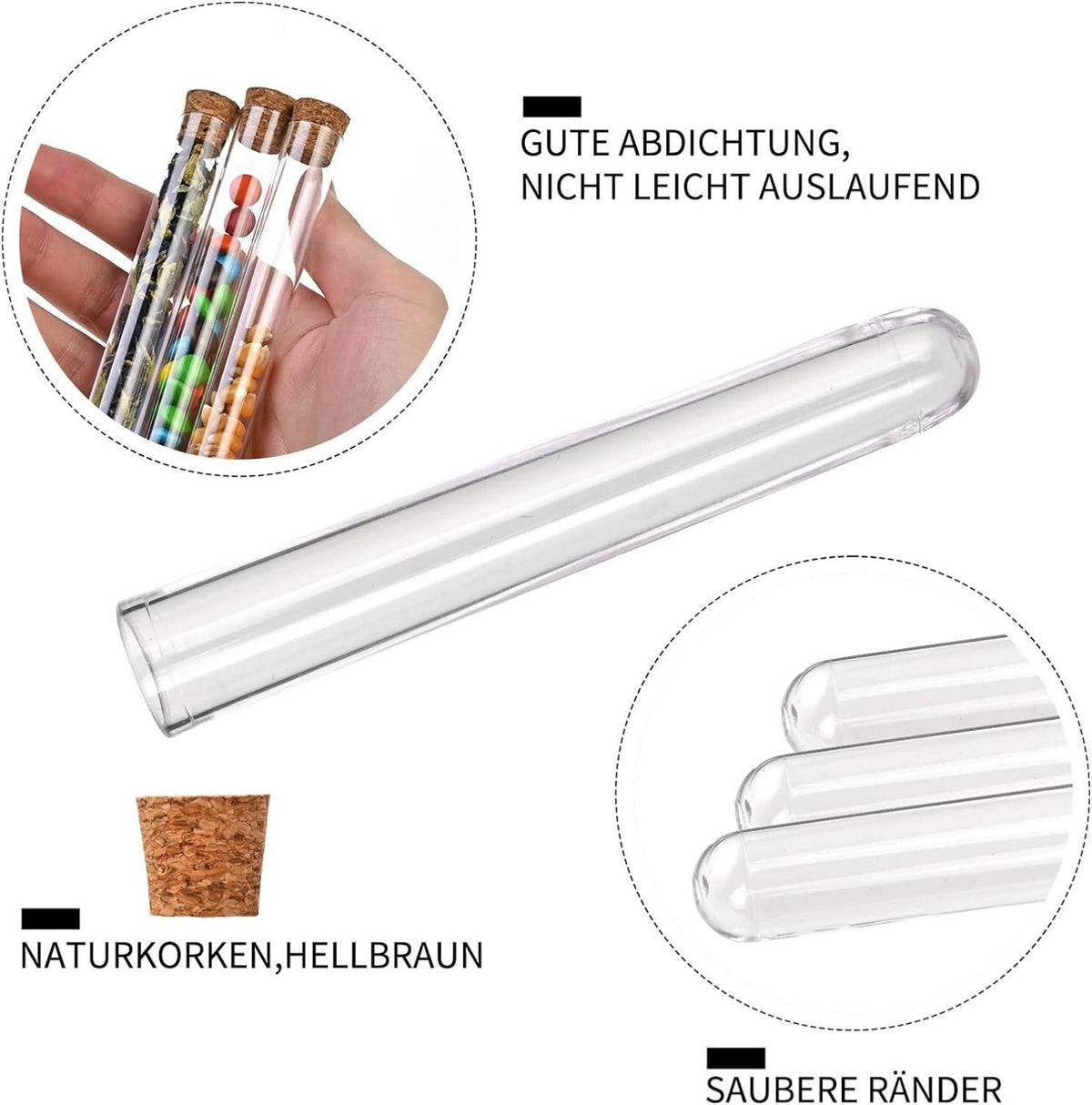 Klare Reagenzgläser mit Korken und Zubehör 160mmm - 100er Set