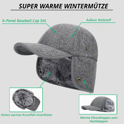 Winter Basecap mit Ohrenklappen Grau, warm gefüttert