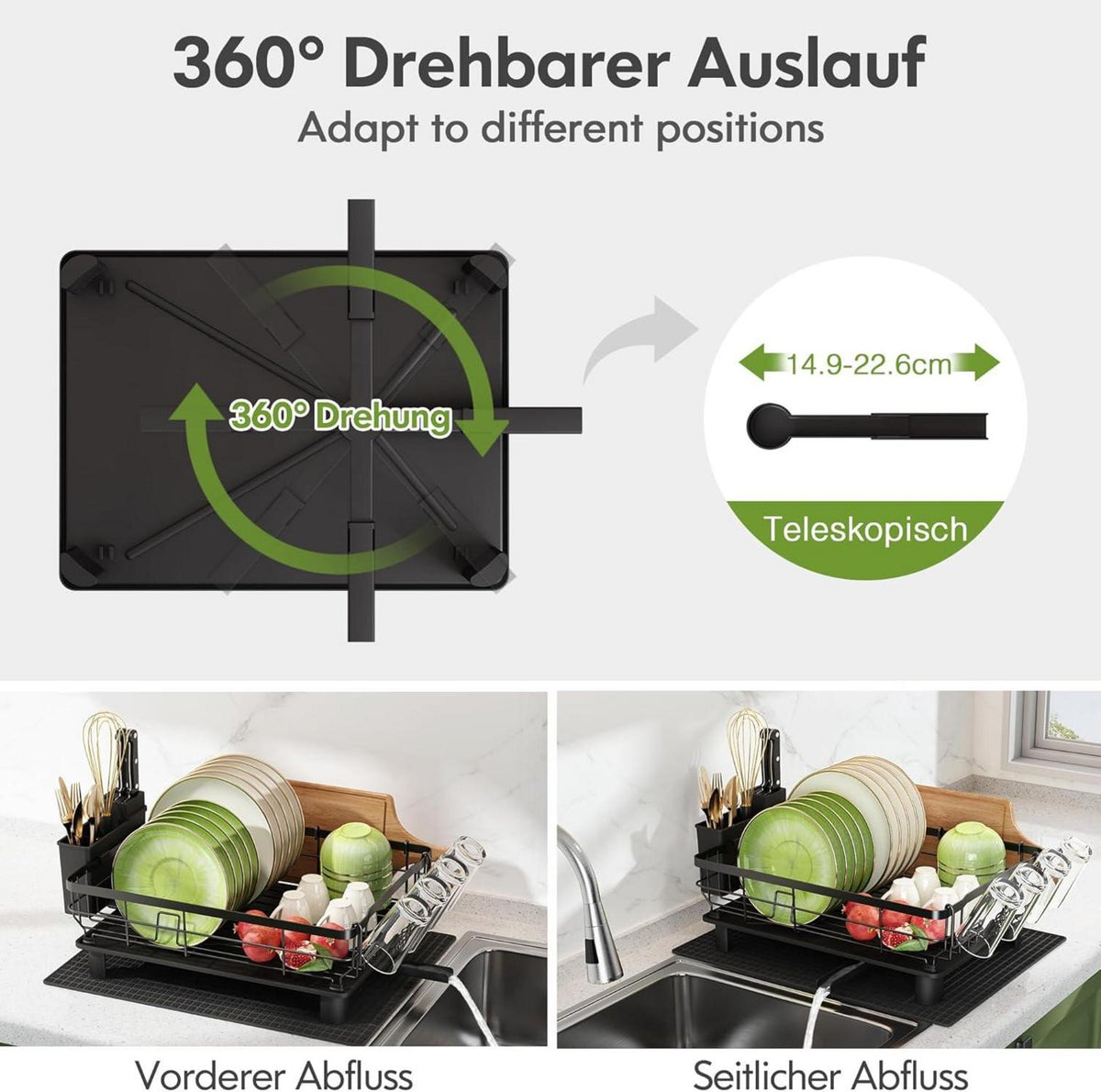 Boosiny Abtropfgestell Edelstahl Geschirr Organizer Schwarz Zweistufig