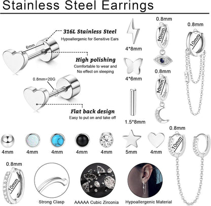 15 Paar Kleine Ohrringe Set Damen Gold/Silber hypoallergen
