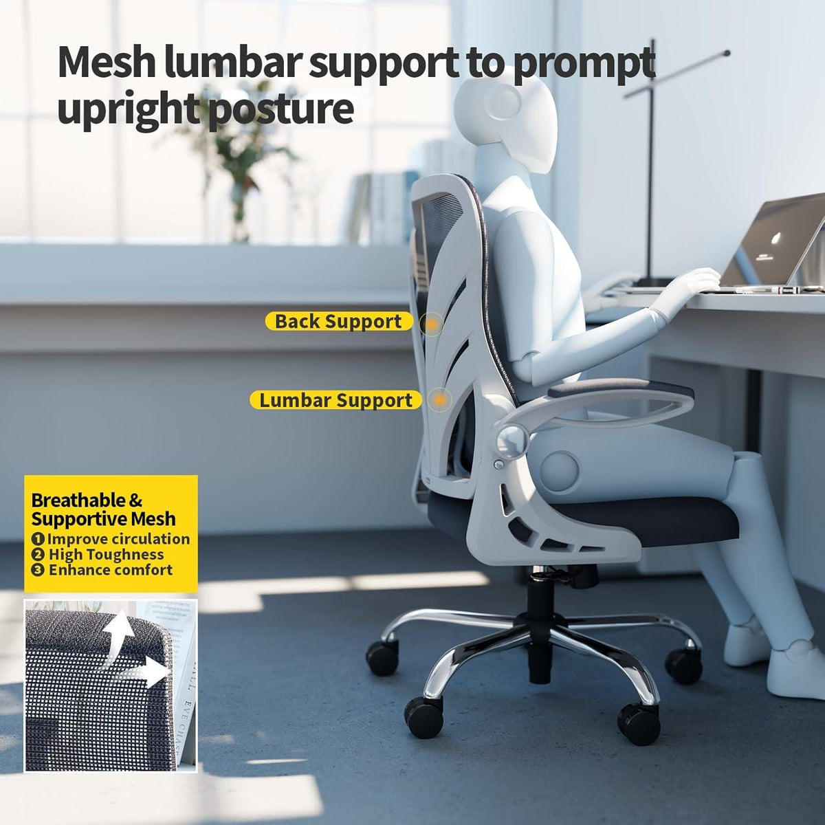 Bürostuhl mit klappbarer Rückenlehne, erweitertem Sitz und Mesh