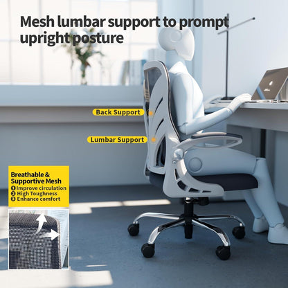Bürostuhl mit klappbarer Rückenlehne, erweitertem Sitz und Mesh