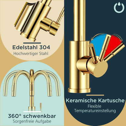 Küchenarmatur mit ausziehbarer Brause, gebürstetes Gold