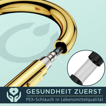 Küchenarmatur mit ausziehbarer Brause, gebürstetes Gold