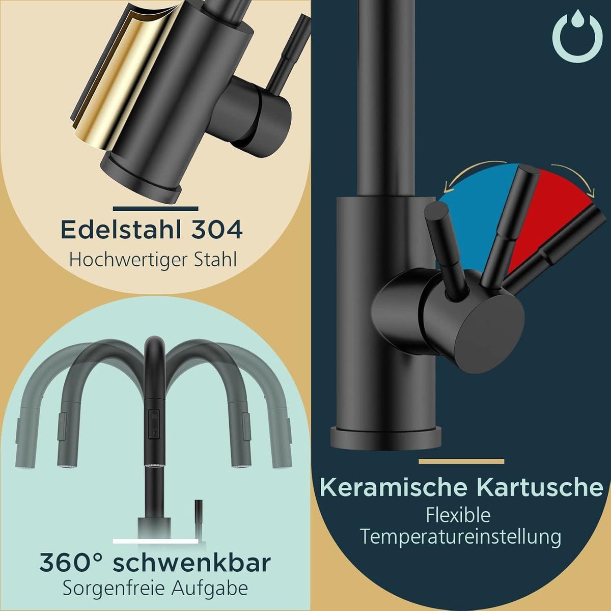 FORIOUS Schwarz Küchenarmatur mit Herausziehbarer Brause - 360° Schwenkbar