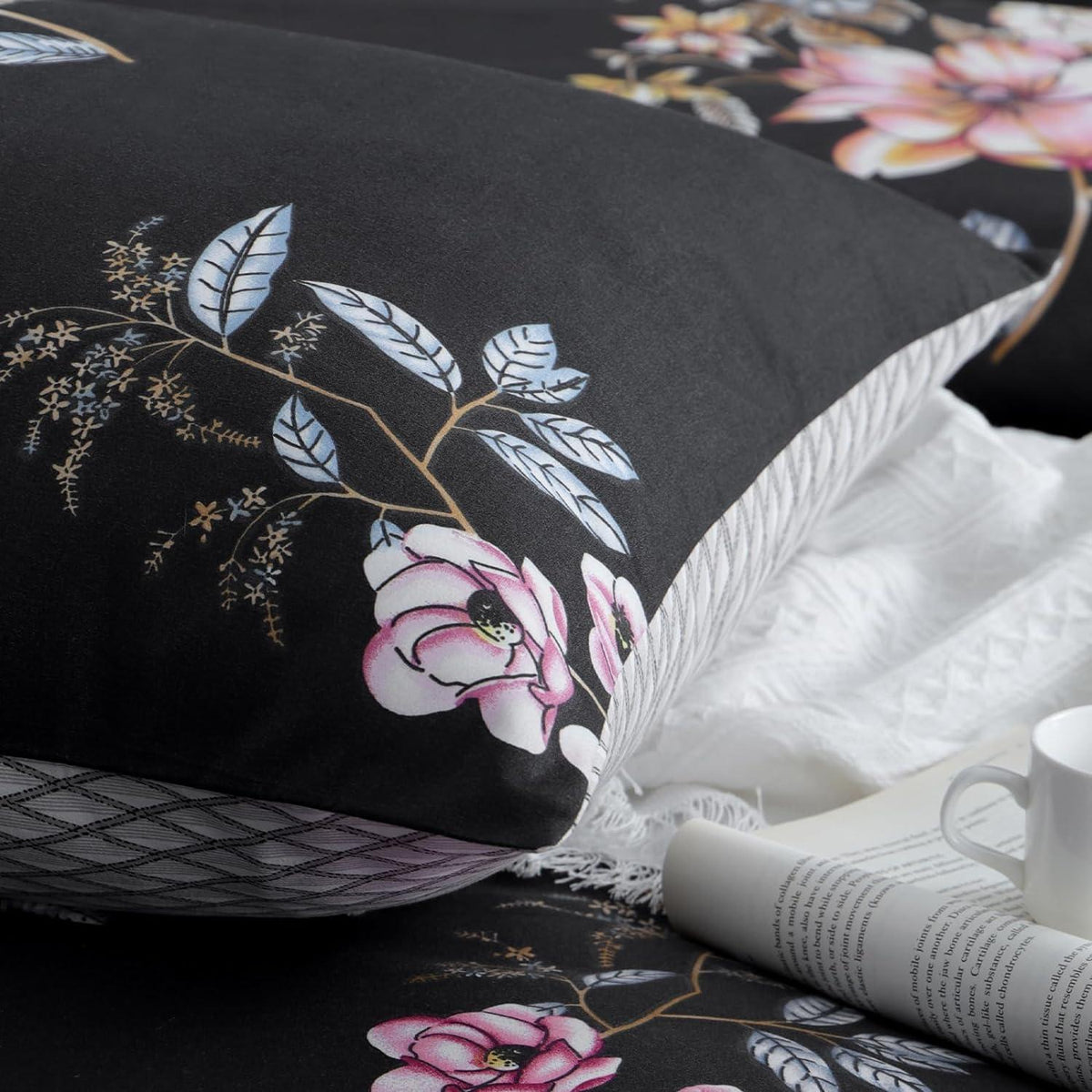 Bettwäsche Set 200x220 Schwarz Blumen Mikrofaser 3-teilig Bügelfrei