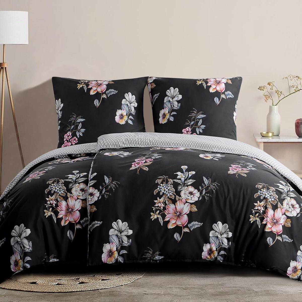 Bettwäsche Blumenmuster Mikrofaser 4-teilig Schwarz 135x200