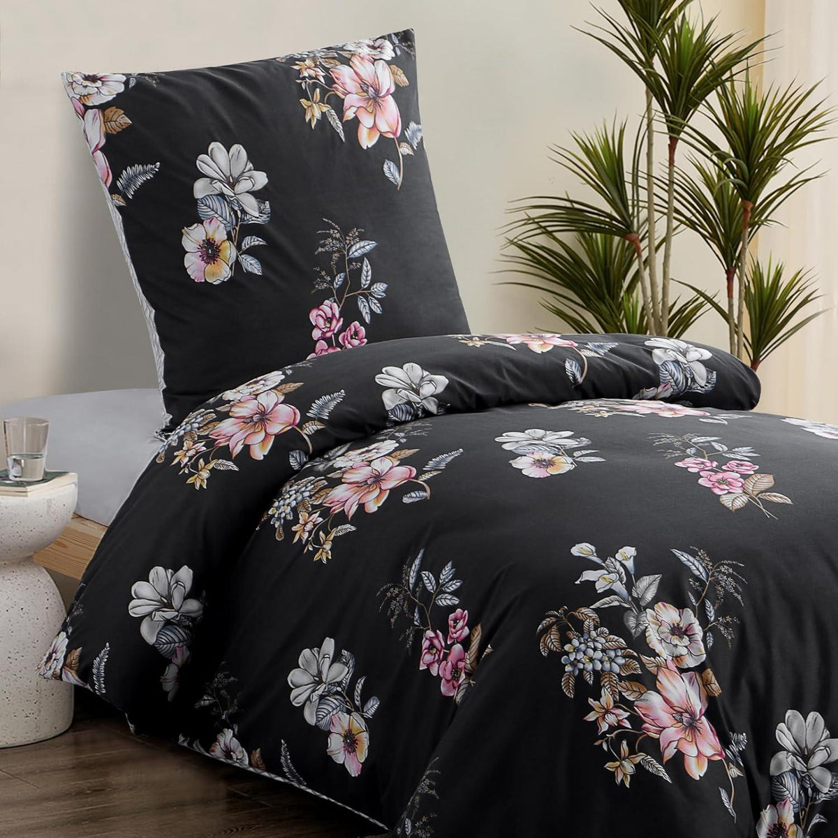Bettwäsche Set Blumenmuster Mikrofaser Reißverschluss 155x220 Schwarz