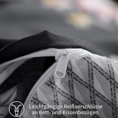 Bettwäsche Set 155x220 Blumen Schwarz Mikrofaser Reißverschluss