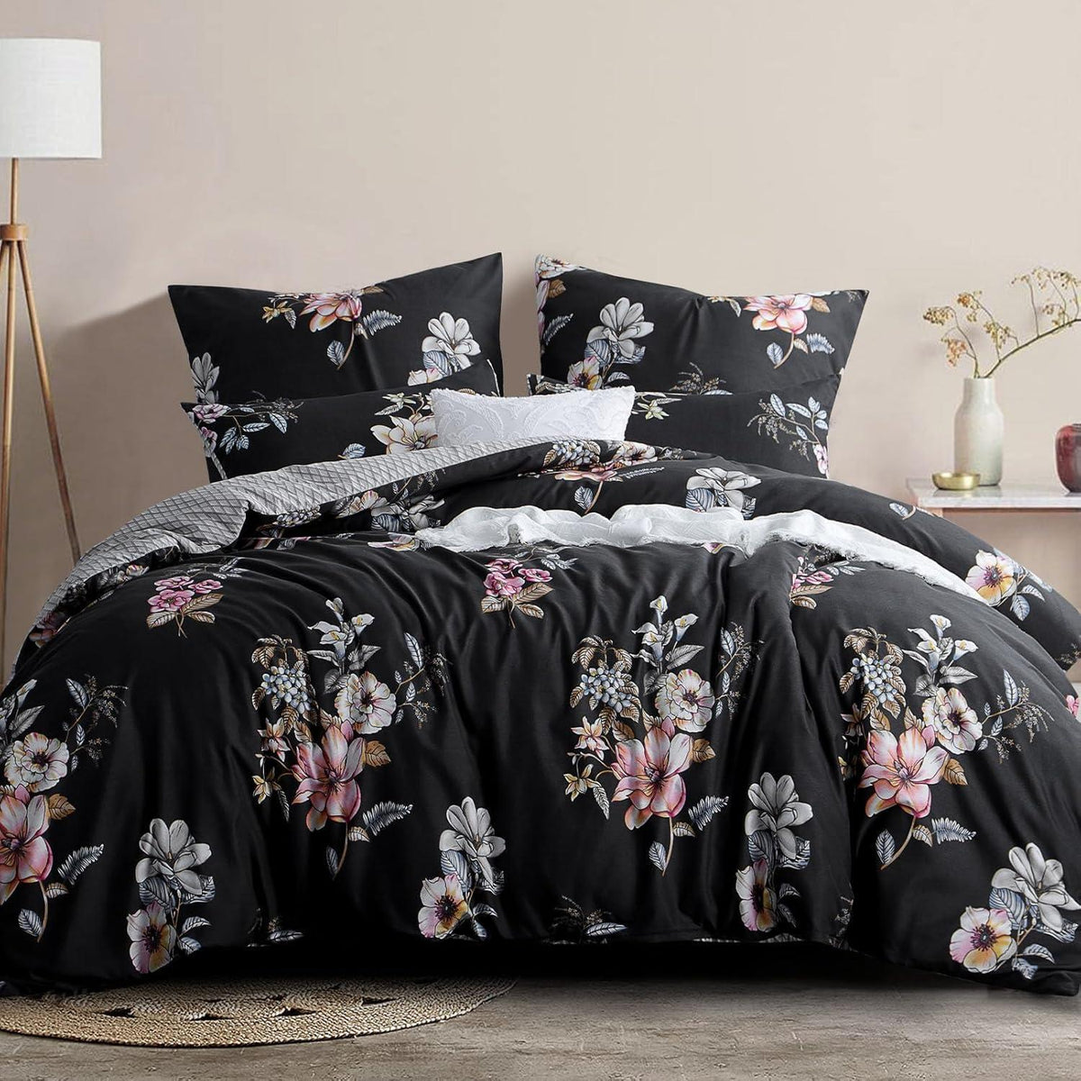 Bettwäsche-Set 220x240 cm Blumen Schwarz Mikrofaser mit Reißverschluss