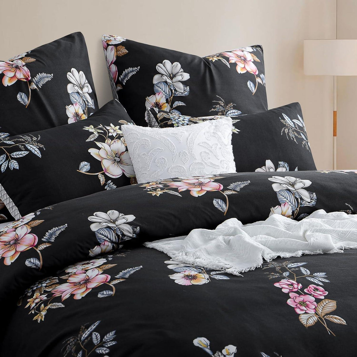 Bettwäsche-Set 220x240 cm Blumen Schwarz Mikrofaser mit Reißverschluss