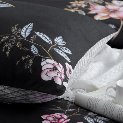 Bettwäsche-Set 220x240 cm Blumen Schwarz Mikrofaser mit Reißverschluss