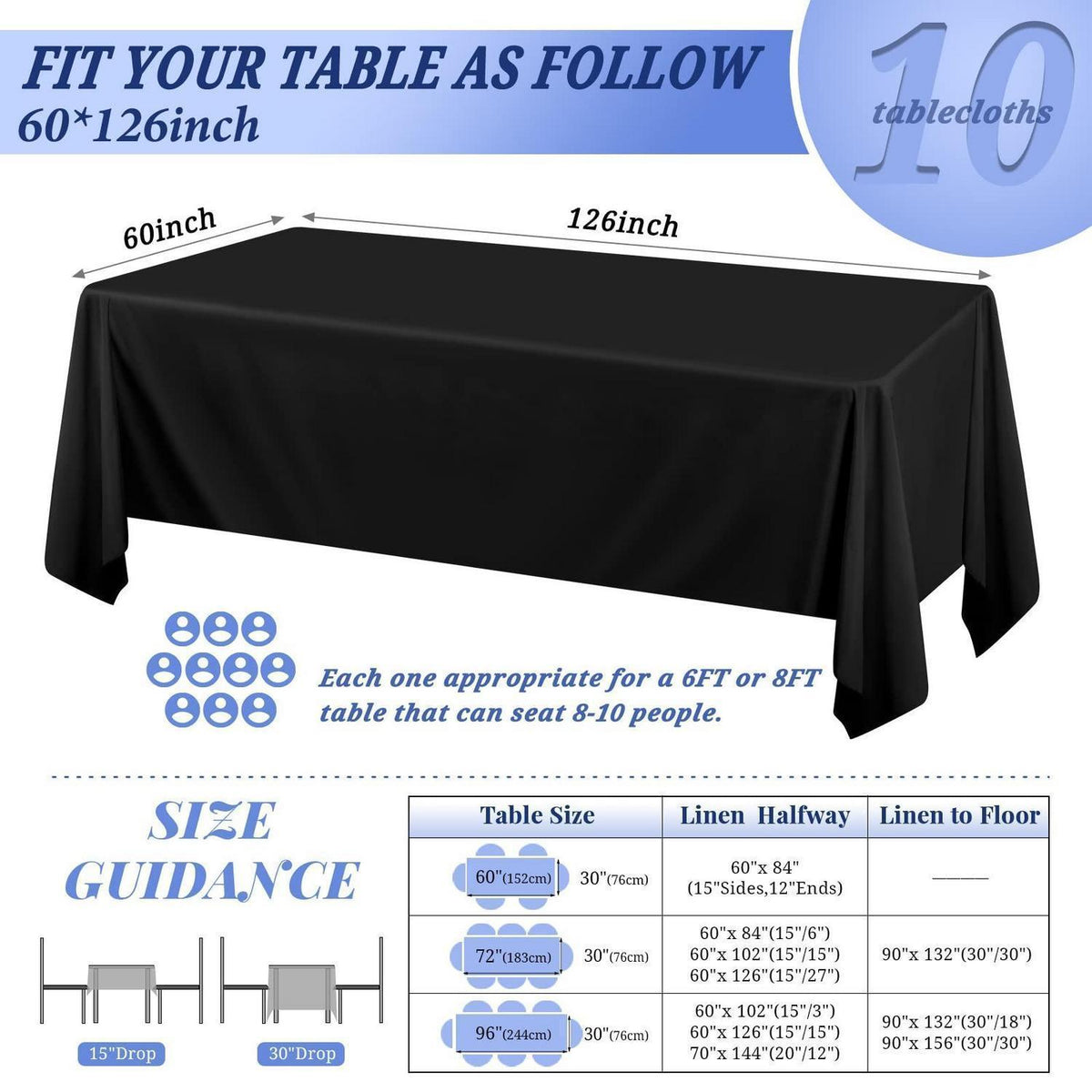 Schwarze Tischdecken 10er-Pack – 2,4m Rechteckig für Party & Hochzeit
