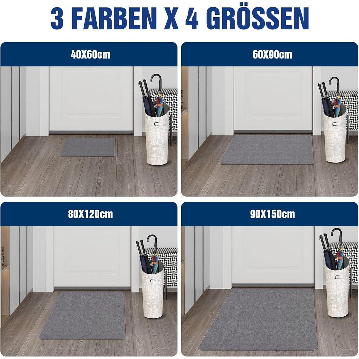 Fußmatte Innen Hellgrau 90x200 cm - Saugfähig & Rutschfest