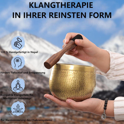 Tibetanische Klangschale 14 cm, handgehämmert, Meditationsset
