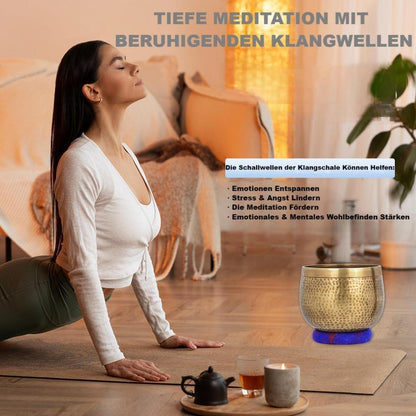 Tibetanische Klangschale 14 cm, handgehämmert, Meditationsset