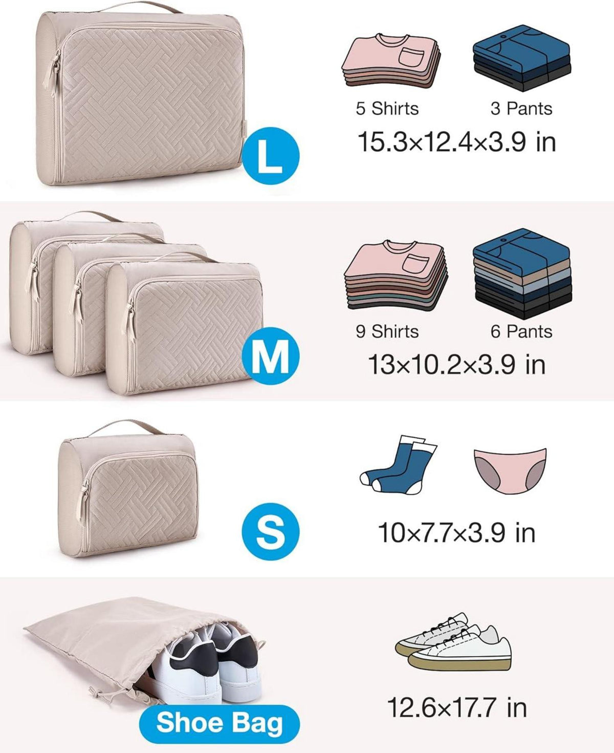 6-teiliges Packtaschen Set für Reisen und Urlaub, Koffer Organizer Cubes, ideal für Kleidung und Kosmetik, Beige
