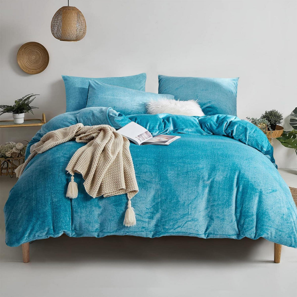 Damier Winter Plüsch Bettwäsche Set Türkis 200x220cm