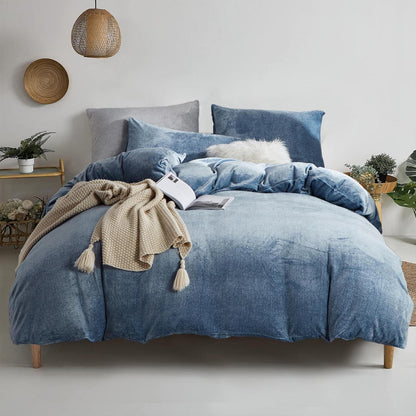 Damier Winter Plüsch Bettwäsche Set Blau 220x240cm
