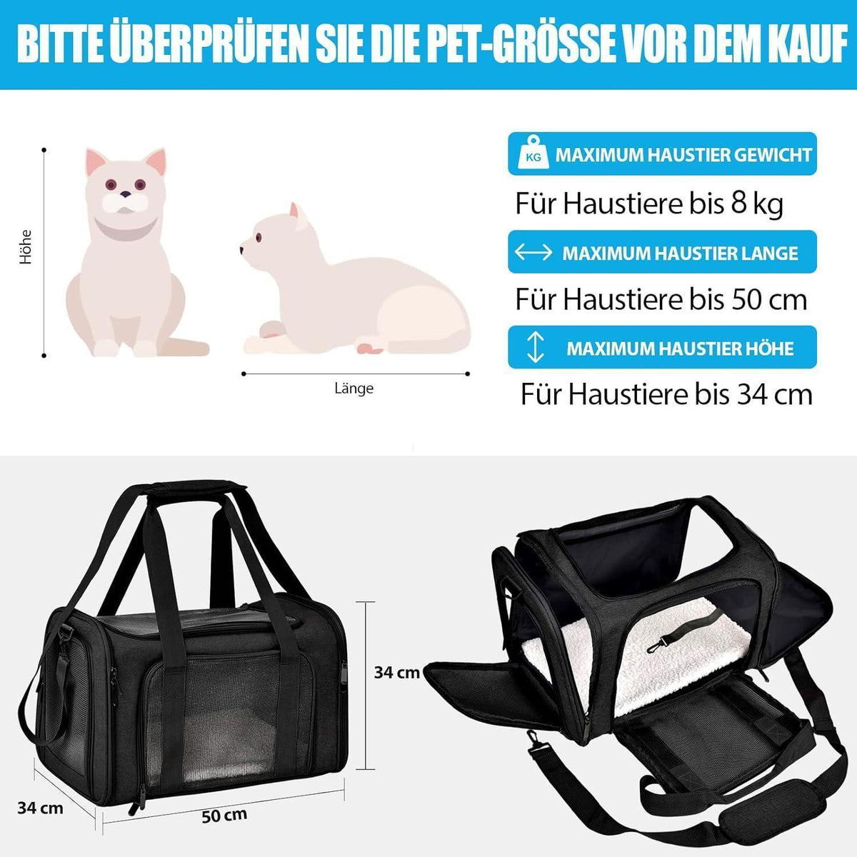 Faltbare Katzentransportbox 50x34x34cm – Tragetasche für Katze & Hund