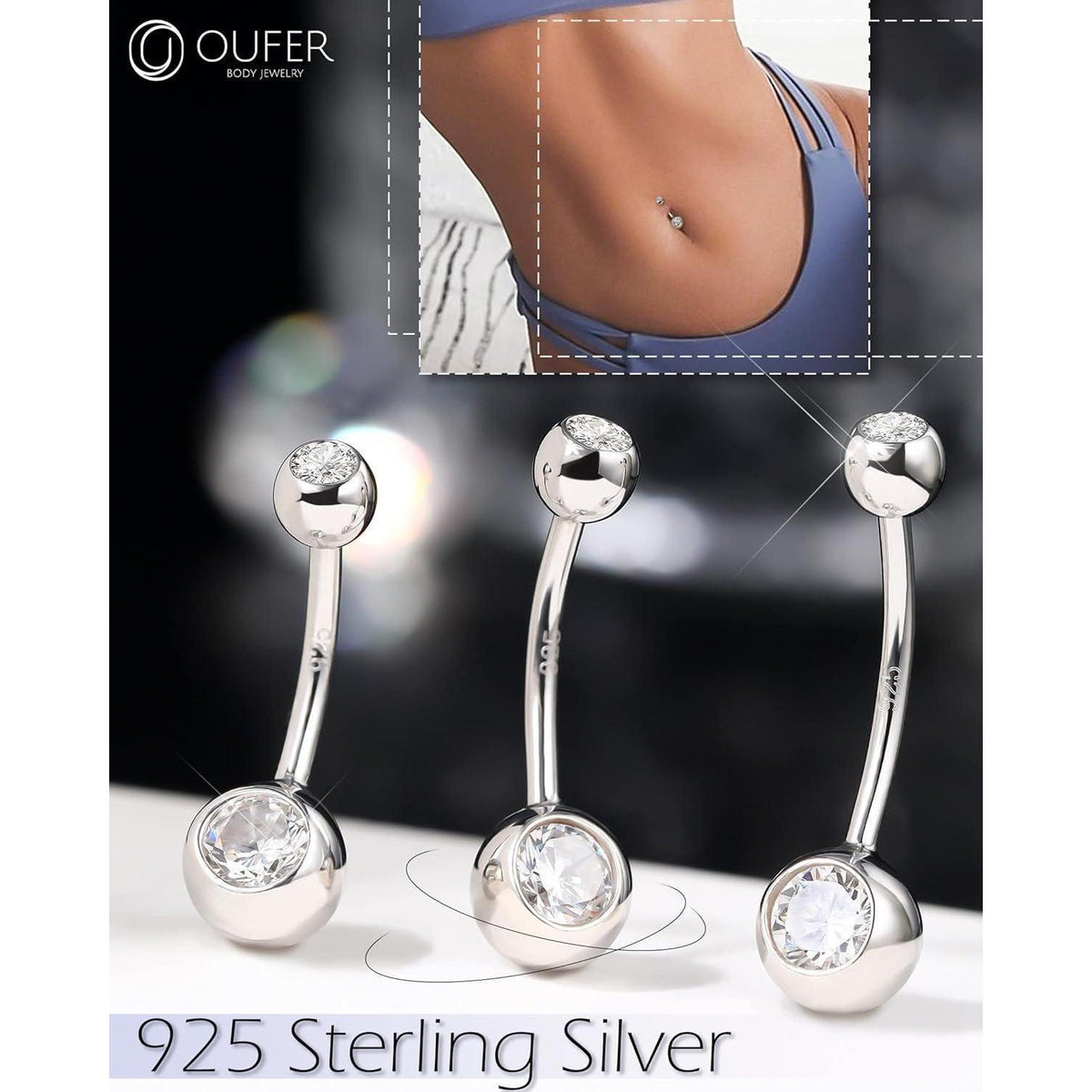 Bauchnabelpiercing Echt Silber 925 14G 12mm mit Zirkonia Kugeln
