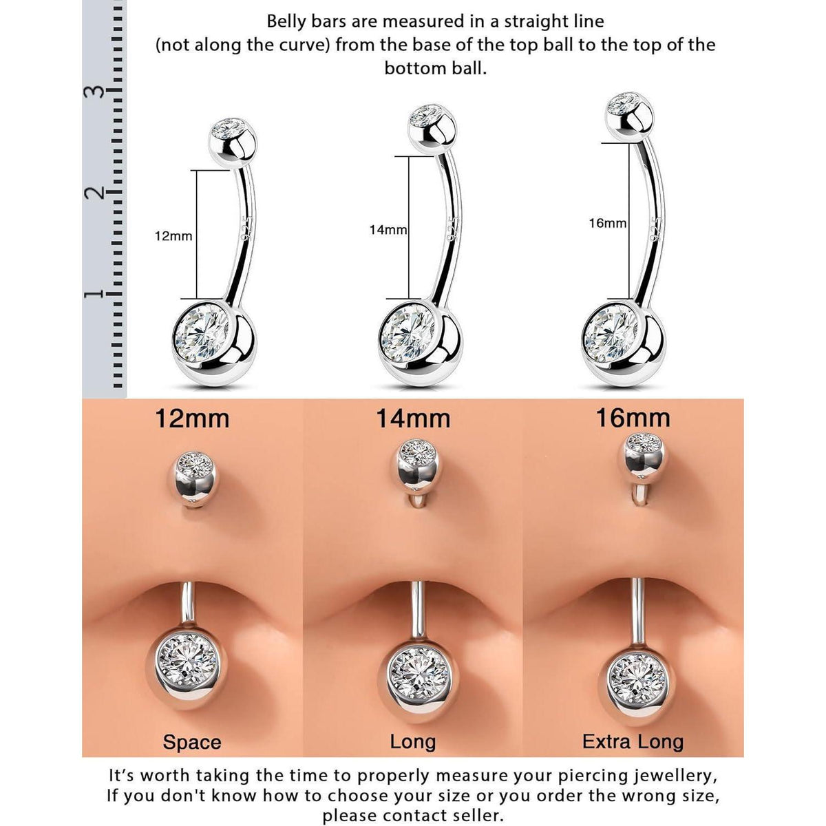 Bauchnabelpiercing Echt Silber 925 14G 12mm mit Zirkonia Kugeln