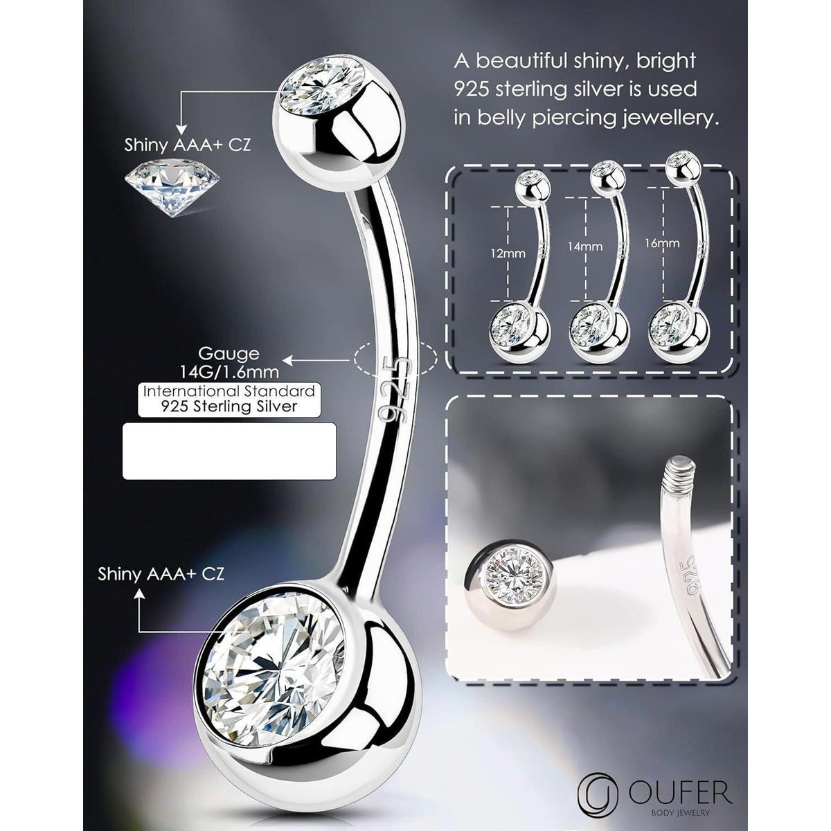 Bauchnabelpiercing Echt Silber 925 14G 12mm mit Zirkonia Kugeln