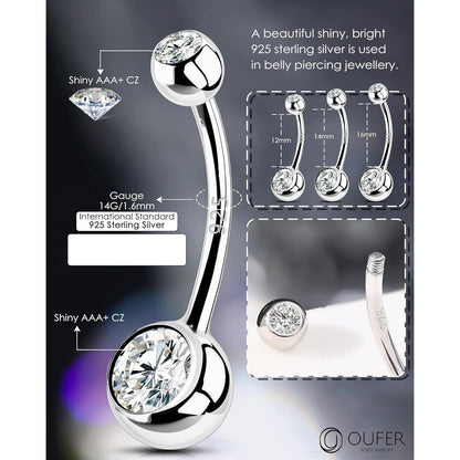 Bauchnabelpiercing Echt Silber 925 14G 12mm mit Zirkonia Kugeln