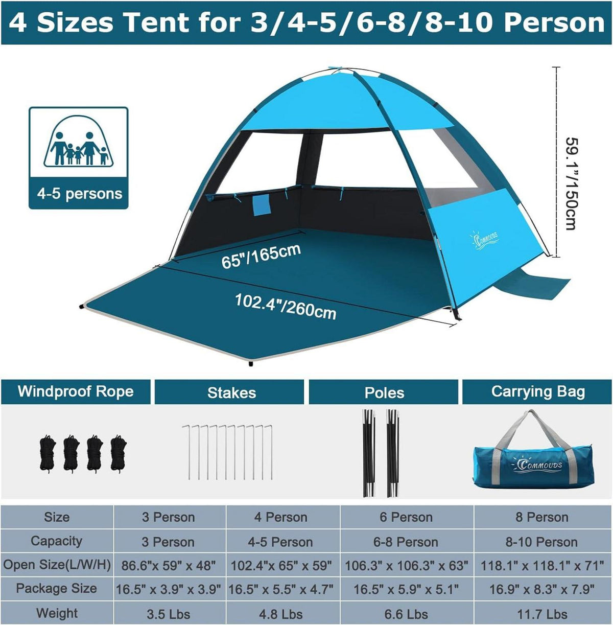 Strandmuschel UPF 50+ für 4-6 Personen Dunkelblau