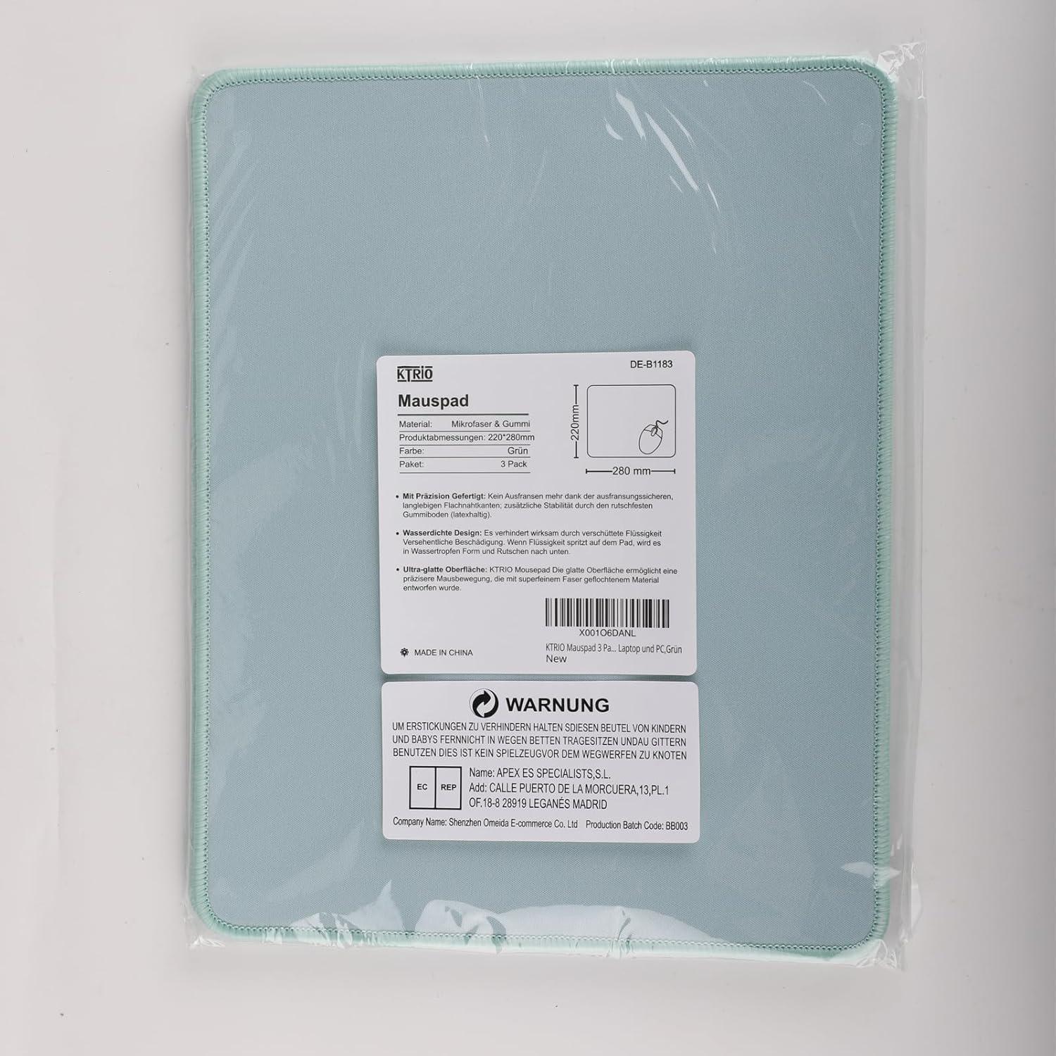 KTRIO Mauspads 275x215mm [30% Größer] Vernähte Kanten Rutschfeste Unterseite Grün 3er-Pack